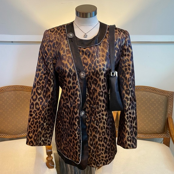 Vintage Jackets & Blazers - Vintage 70s/80s Leopard Print Blazer Jacket with Rhinestone Embellishments, M/L